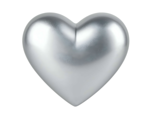 Shiny, metallic heart against a stark, black backdrop