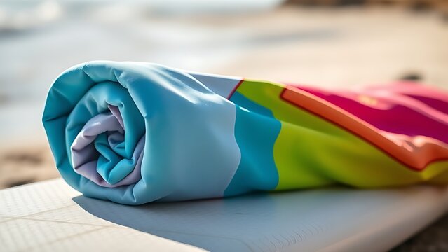 rashguard. A colorful rolled-up rashguard resting on a surfboard at the beach. event key visuals, club posters, designed for fitness apps and gym onboarding, drives event promotion.