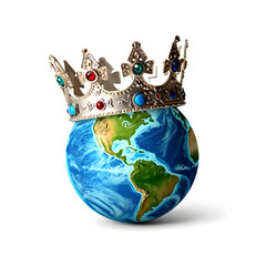 Crown on top of the earth globe symbolizing global power and royalty