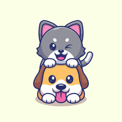 Cute Cat Playing With Dog Cartoon