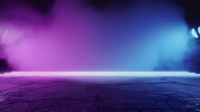 A striking futuristic abstract background features vibrant neon lights in pink, purple, and blue illuminating a smoky, atmospheric stage. Two horizontal light strips glow brightly on a dark, cracked c