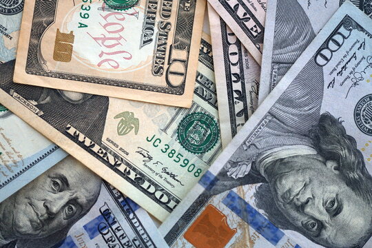 Big amount of different dollar bills close up. Hundred fifty twenty ten and five dollar banknotes - Powered by Adobe