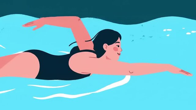 A woman swims in a pool, demonstrating the front crawl stroke with her arm extended.