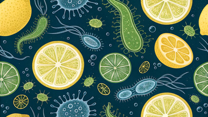 seamless pattern with lemon and lime, Microscopic organisms swim in water. Diverse protozoa exhibit intricate structures. These single celled life forms are viewed under a microscope. Science, biology