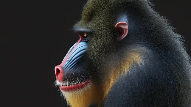 A stunning close-up profile shot captures the intricate details of a vibrant primate, showcasing its incredibly colorful face with striking red, blue, and white markings. The animal's dark fur is acce