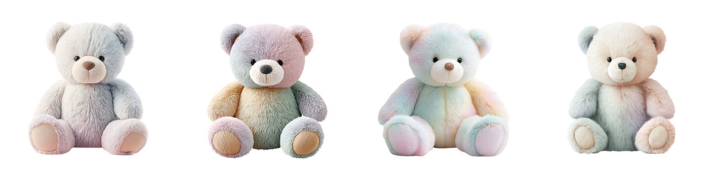 Pastel Colored Teddy Bears Sitting on a White Background