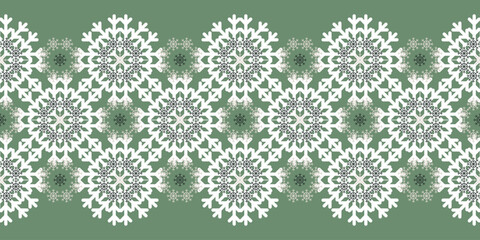 Beautiful Christmas seamless vector snowflake texture Border. Monochrome seasonal pattern for wrapping paper, greeting cards, invitations, gift boxes and web background.