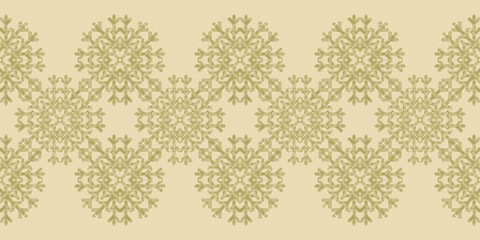 Beautiful Christmas seamless vector snowflake Border on yellow background. Monochrome seasonal pattern for wrapping paper, greeting cards, invitations, gift boxes and web background.