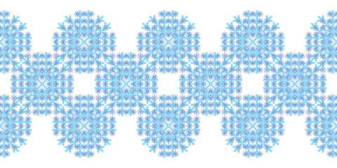 Monochrome Christmas seamless vector snowflake Border on blue background. Monochrome seasonal pattern for wrapping paper, greeting cards, invitations, gift boxes and web background.