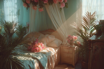 Vintage bedroom with pastel lighting and dreamy cinematic haze