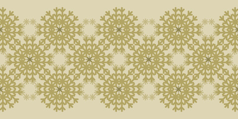 Beautiful Christmas seamless vector snowflake Border on pale yellow background. Monochrome seasonal pattern for wrapping paper, greeting cards, invitations, gift boxes and web background.
