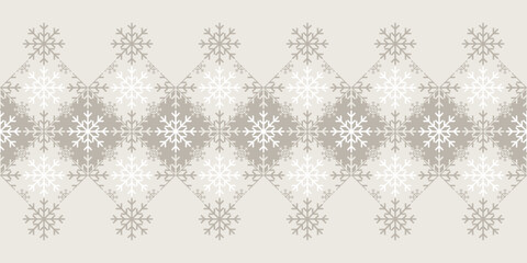 Monochrome Christmas snowflake texture Border on geometric rhombus background. Elegant seamless vector pattern for wrapping paper, textile and paper prints, greeting cards and gift boxes.