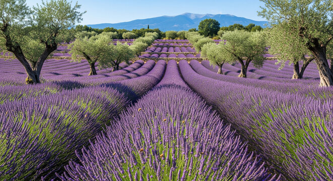 Endless Rows of Purple Lavender Leading to Mont Ventoux
A breathtaking, wide-angle landscape shot capturing vast, vibrant rows of blossoming lavender fields