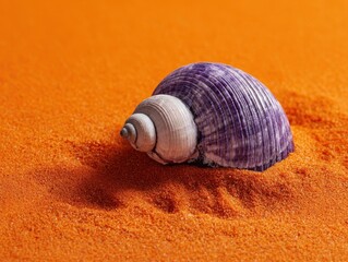 Vibrant Purple Seashell Orange Sand Close Up Textured Beach Environment Minimalist Marine Life Still Life Photography Natural Ocean Element