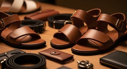 Stylish Brown Leather Sandals and Accessories.