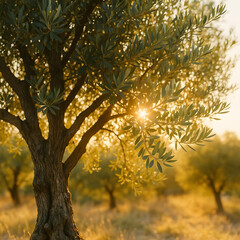 Olive Tree in Warm Sunset Light in Countryside