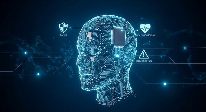 Futuristic AI Head with Circuitry, Health Monitoring, Safety, Risk Prediction.
