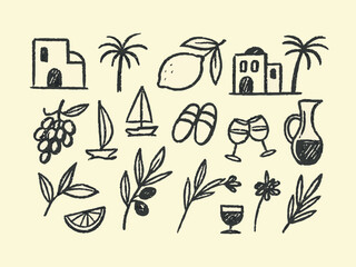 Cute hand-drawn summer doodle set featuring beach icons, sun, sea, palm tree, swimsuit, ice cream, boat, and vacation elements in fun sketch style for travel design.