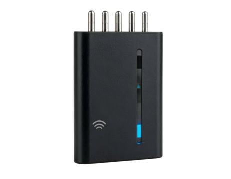 Black rectangular device with metallic ports and indicator light - Powered by Adobe