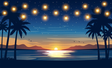 Tropical night beach with glowing string lights, palm trees, and sunset over the ocean. Relaxing gorizontal summer evening vector illustration for summer poster, flyer, invitation