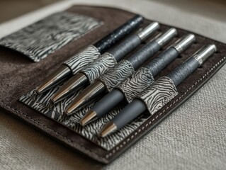Close-up view four elegant metal pens with zebra stripe pattern on leather and textile notebook pen holder luxury writing instruments office stationery business accessories