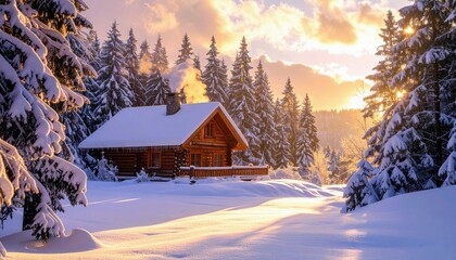 A rustic wooden cabin nestled in a snow-covered forest, with smoke rising from the chimney, bathed in the warm light of a setting sun.