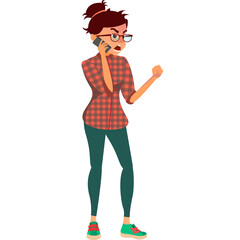 Pixelated Woman Talking Angrily on Phone Wearing Plaid Shirt and Teal Pants with Glasses Expressing Frustration