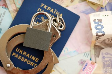 Big amount of different Ukrainian hryvnia money bills and passport, handcuffs and padlock
