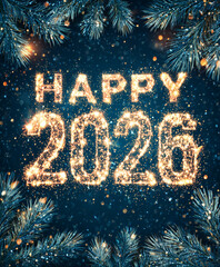 Happy New Year 2026 with golden sparkling typography and pine branches