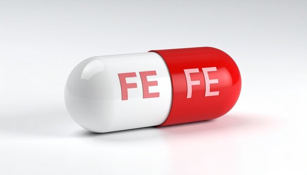 Red and white capsule pill labeled “FE” placed on a clean white background, symbolizing iron supplementation. - Powered by Adobe