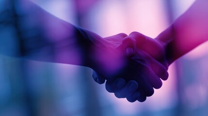 Ethereal Handshake Silhouette in Vibrant Glass Layers - Symbol of Partnership in Violet to Magenta Gradient with Soft Rim Light Illumination