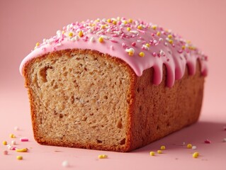 Wholesome Banana Bread Loaf with Pink Icing and Scattered Sprinkles on Soft Pink Surface