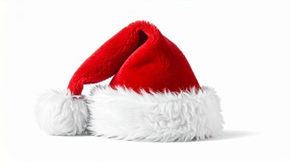 Traditional red and white Santa hat made of velvet and fluffy trim, casually placed on a white surface with a light gray background.