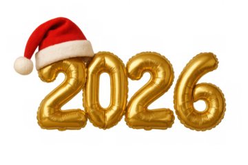 Golden 2026 balloon numbers with santa hat celebrating a new year and christmas holiday season