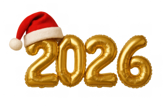 Golden 2026 balloon numbers with santa hat celebrating a new year and christmas holiday season