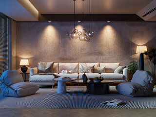 Dramatic Night Living Room: High-Contrast Interior with Warm Spotlights, Cold Blue Light