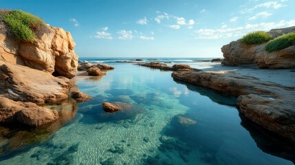 A serene natural tidal pool with crystal clear turquoise water, surrounded by rugged rock formations and sandy beach, under a bright blue sky with scattered clo