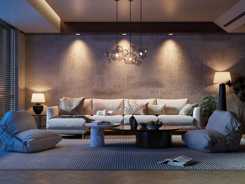 Dramatic Night Living Room: High-Contrast Interior with Warm Spotlights, Cold Blue Light