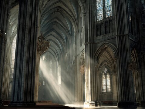 Gothic Cathedral Interior Detailed Pillars Sunlight Rays Arched Doorways Stained Glass Windows Ornate Chandeliers Empty Corridor Worship Hall