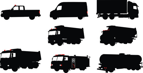 Cad drawing flat vector illustration of truck silhouettes, pickup, dump, tanker, and service vehicles, industrial freight, transport machine collection © MstLovely