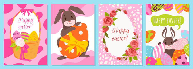 Set of colorful Easter cards featuring bunnies, decorated eggs, floral wreaths, and festive greetings in a playful cartoon style, perfect for holiday celebration vector illustration