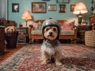 Small furry dog wearing a floral patterned helmet sitting on an ornate patterned rug in a cozy, softly lit living room with vintage furniture and warm decor