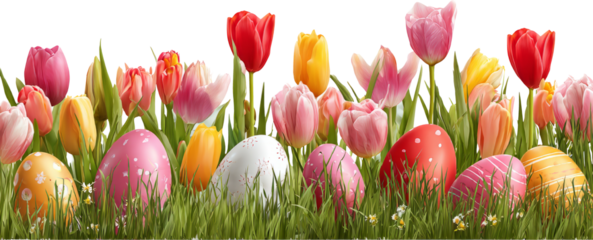 Easter eggs spring tulips colorful flowers green grass festive decoration bring cheerful vibe