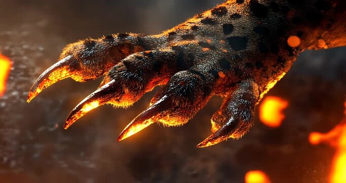 Close-up of a leopard's paw with glowing claws, set against a fiery, dramatic background
