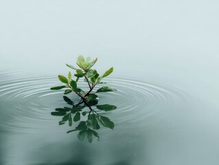 Small green plant with visible water ripples, perfectly reflected on a serene, light blue-grey water surface, capturing peaceful growth and delicate motion in nature.