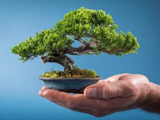 Close-up of a vibrant green juniper bonsai tree, meticulously shaped and pruned, cradled gently in a person's hand against a soft blue studio background
