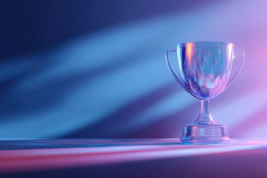 Illuminated Trophy Cup on Podium - Symbol of Achievement with Purple to Blue Gradient and Shadow Detail