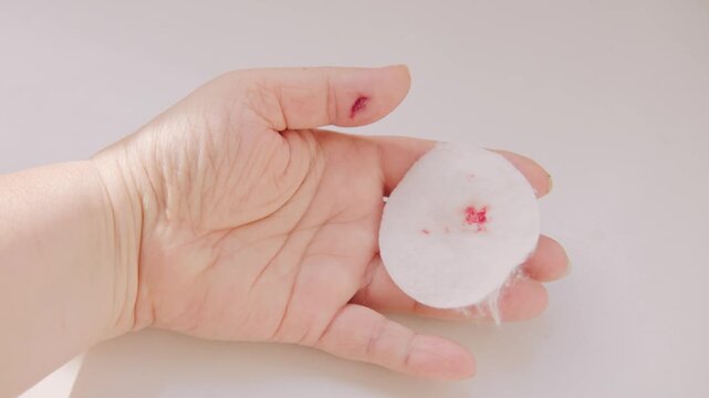 Tiny cut on fingertip, Close up injured thumb with bleeding skin, splinter wound on finger detail, painful hand injury, medical first aid, hygiene awareness, personal care, everyday accident