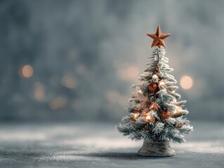 Miniature fir tree winter landscape, snow dusted branches, glowing lights, golden star adornment, serene holiday display, blurred festive background, tranquil seasonal decor, cold weather charm