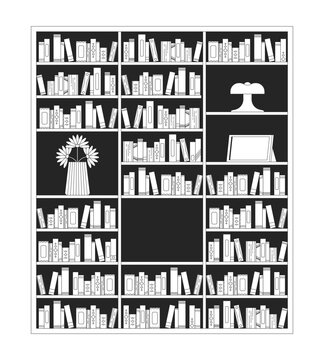 Large wooden bookshelf with retro decor items 2D line object. Home library. Hardcover novels, daisies vase, photo frame, lamp isolated clipart vector ink outline item. Monochrome spot illustration